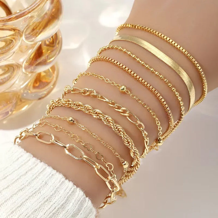 Fashion Flat Snake Chain Box Chain Bracelet Creative Heart-shaped Chain Twisted Chain Stacked Bracelet Set Women's Daily Jewelry