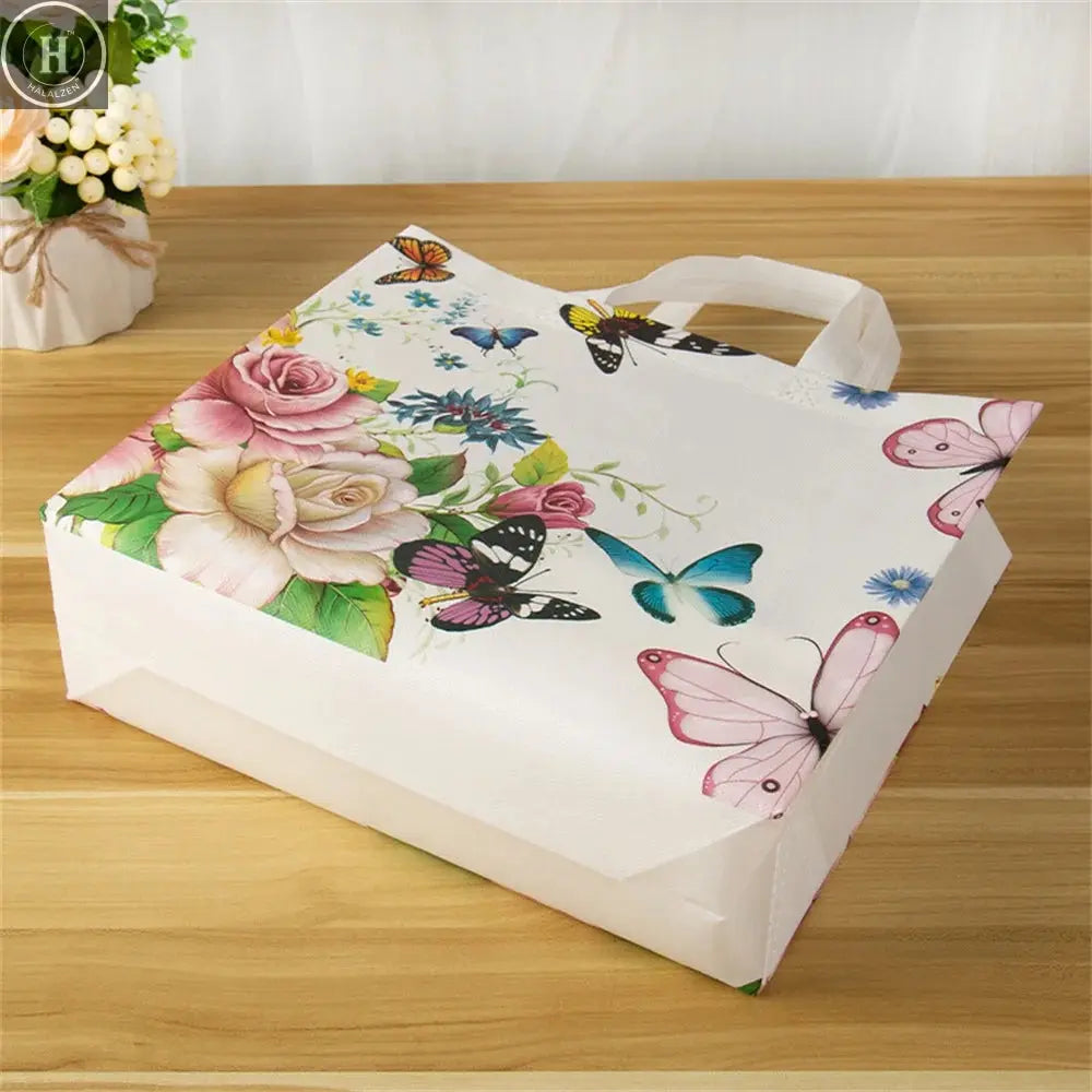 Butterfly Printing Non-woven Fabric Shopping Bag Foldable Reusable Tote Pouch Waterproof Storage Bag Women Travel Grocery Bags HALALZEN