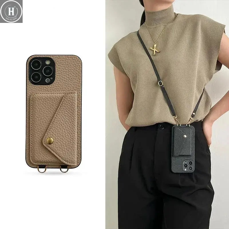 Crossbody Strap Lanyard Leather Phone Case for IPhone 12 Mini 16E 16 15 14 13 11 Pro Max XS 8 Plus Wallet with Card Holder Cover Halalzen UK