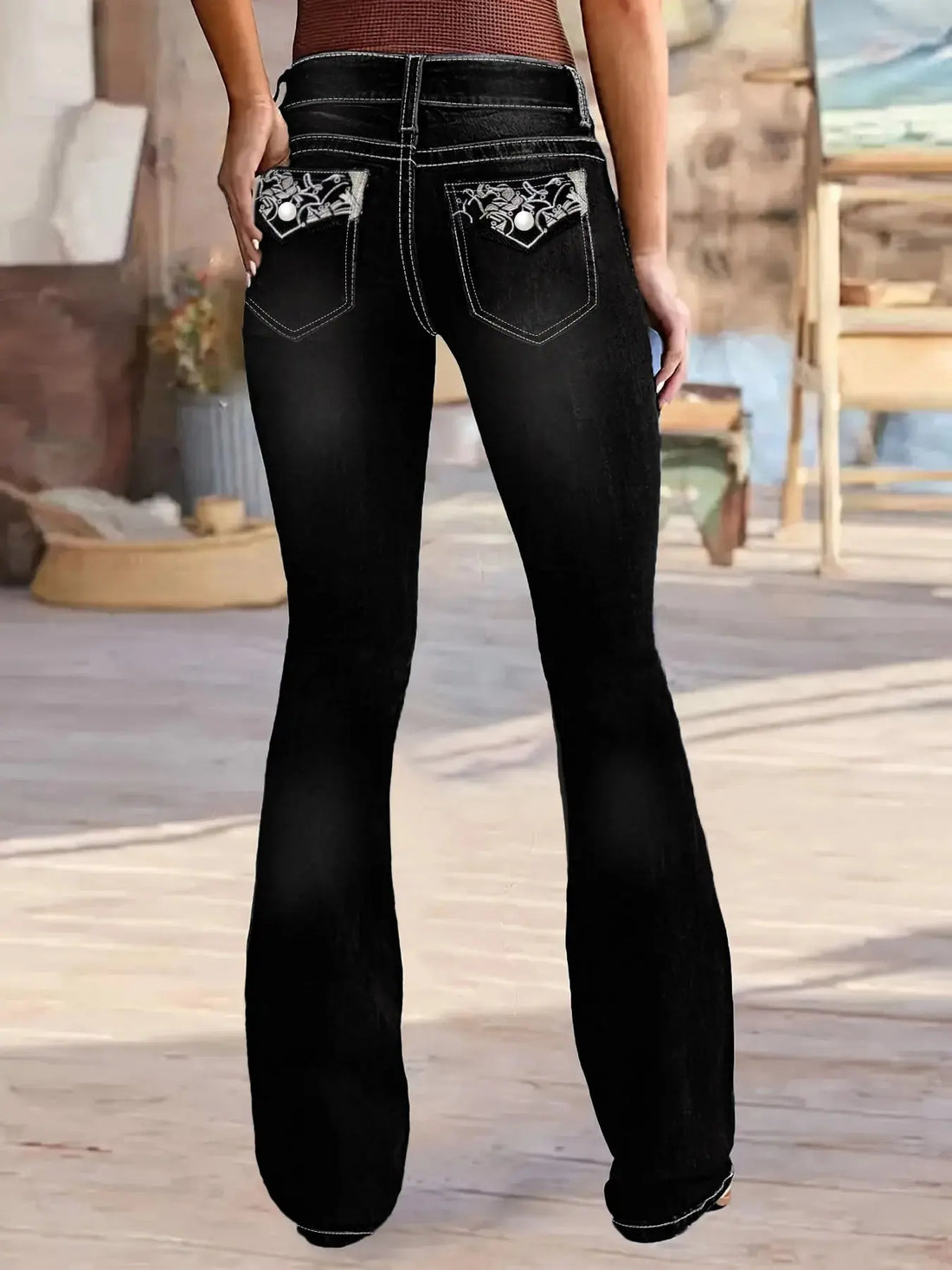 Women's high-waist jeans, black-gray with rhinestone back pockets, high-waist slightly flared jeans, suitable for campus, work, Halalzen UK