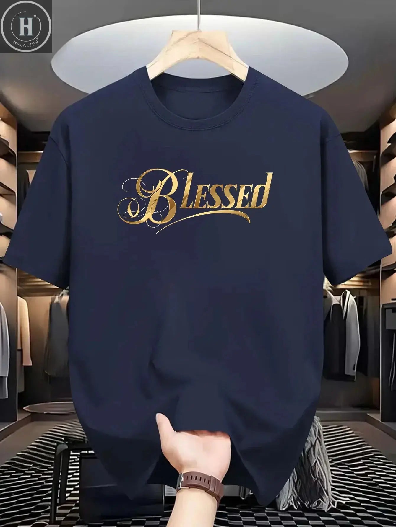 Men's summer 100% cotton fashionable casual loose classic Blessed pattern printed sports round neck short sleeved T-shirt top HALALZEN
