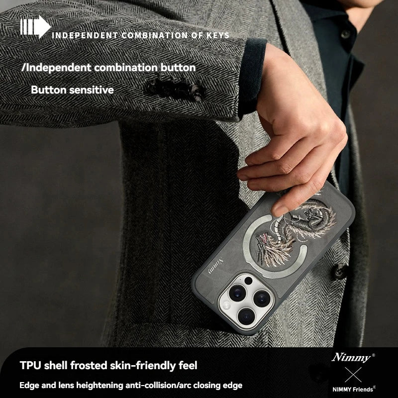 Dragon Phoenix 3D Embroidery Protective Case For iPhone 16 Pro Max Magnetic Wireless Charger Trend Original Fashion Cover