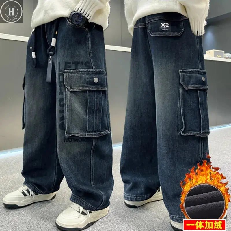 School Boy Winter Insulated Cargo Jeans Children's Warm Fleece Lined Stretch Straight Trousers For Kids Thermal Denim Pants 4-14 HALALZEN