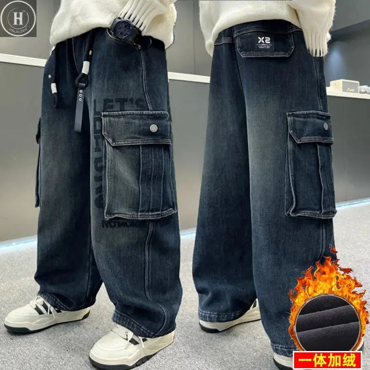 School Boy Winter Insulated Cargo Jeans Children's Warm Fleece Lined Stretch Straight Trousers For Kids Thermal Denim Pants 4-14 HALALZEN
