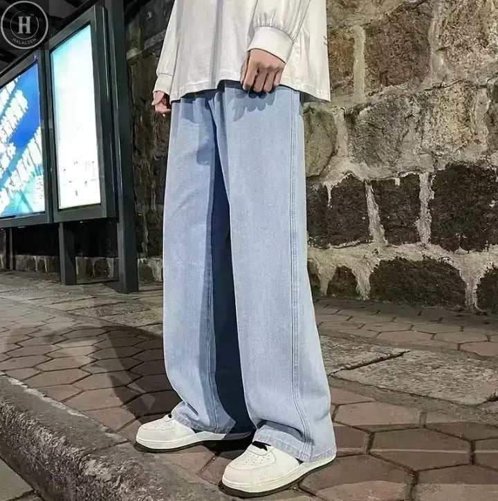 2025 New Streetwear Loose Jeans Men Korean Style Fashion Loose Straight Wide Leg Pants Men's Brand Clothing Black Light Blue HALALZEN