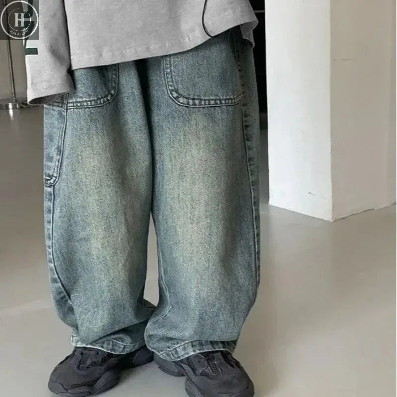 Children's Retro Jeans Loose Straight Pants Wide Leg Pants for Boys and Girls 2025 New Spring Autumn Kid's Denim Pocket Trousers HALALZEN