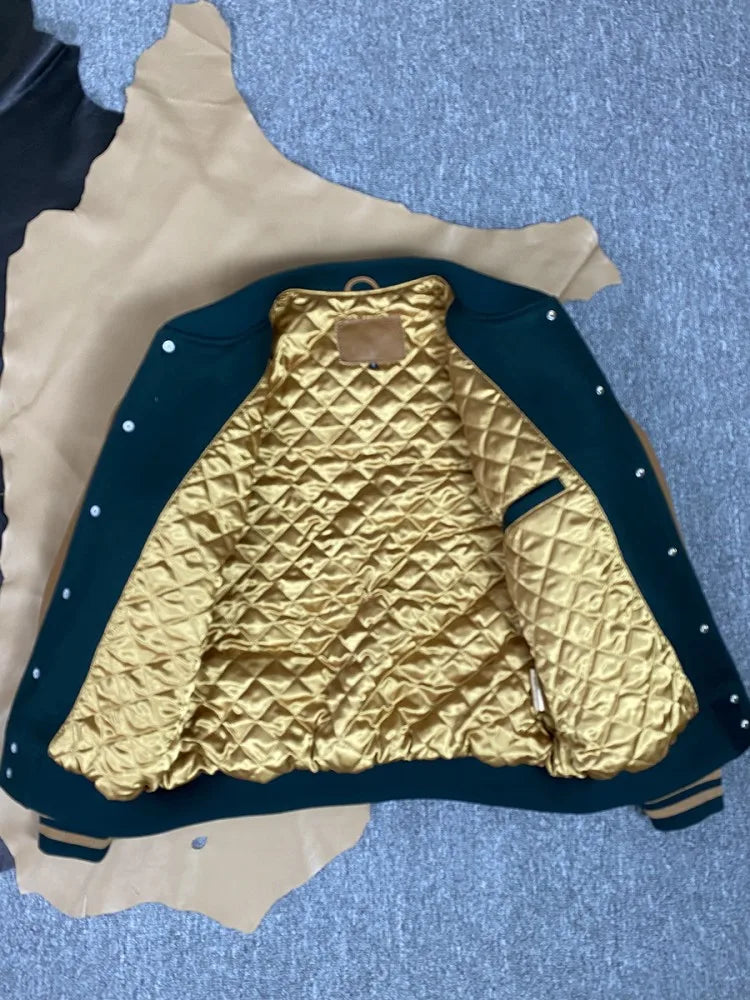 Mens Retro Autumn Winter Natural Sheepskin Patchwork Baseball Jacket Stand Collar Single Breasted Loose Fit Casual Outerwear