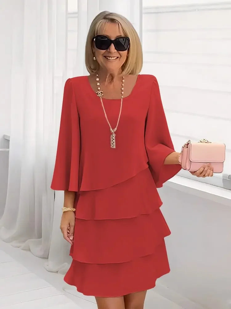 2025 Women's Fashion Cake Skirt 3/4 Bell Sleeve Crewneck Tiered Layered Flowy Dress Party Wedding Outfits