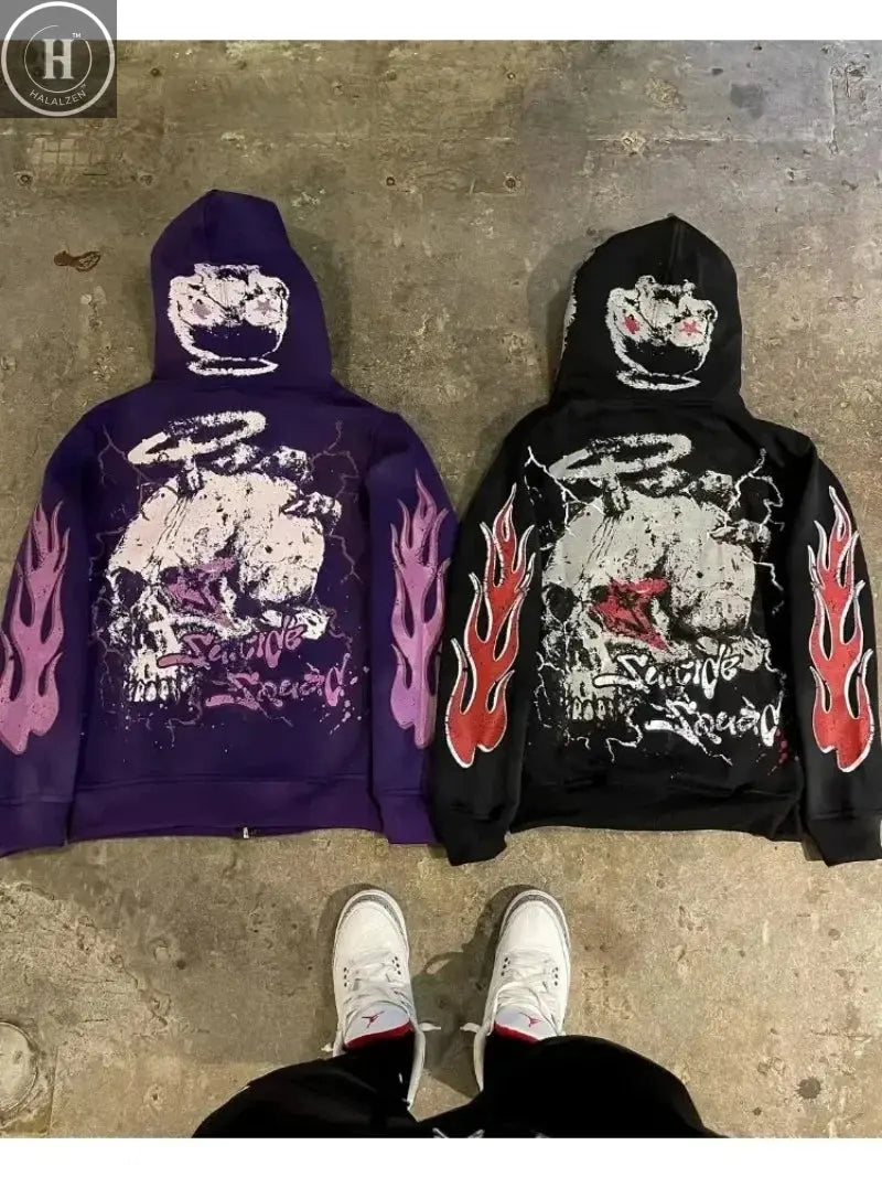 Explosions of New Harajuku Zipper Hooded Sweater Street Men and Women Retro Shirt Sweatshirt Gothic Jacket Hooded Couple Sweater HALALZEN