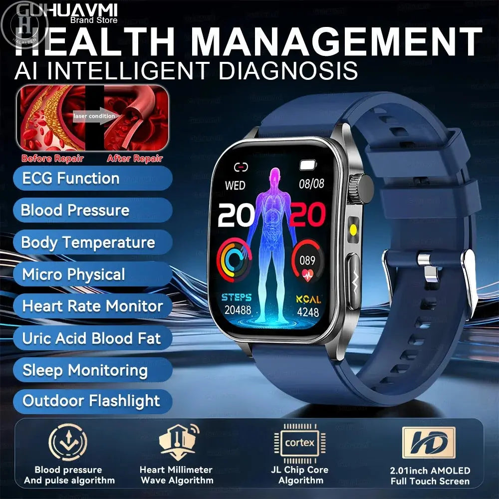 2026 New 650nm Laser Therapy Health Smartwatch Men ECG Blood Pressure Lipid Uric Acid Bluetooth Call Smart Watch For Android IOS HALALZEN
