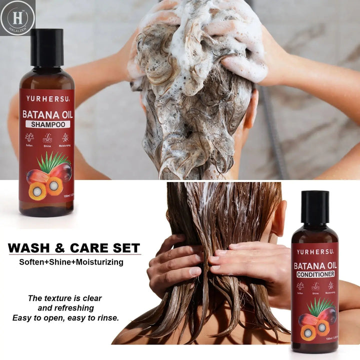 Batana Shampoo provides full shine and healthy hair care, contains Batana oil extract, and includes a cleansing conditioner HALALZEN