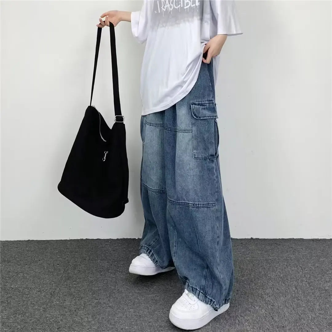 2024 Spring And Autumn Vintage Wide Leg Big Pocket Overalls Men Y2K Neutral Loose Straight Leg Casual High Street Hip Hop Jeans