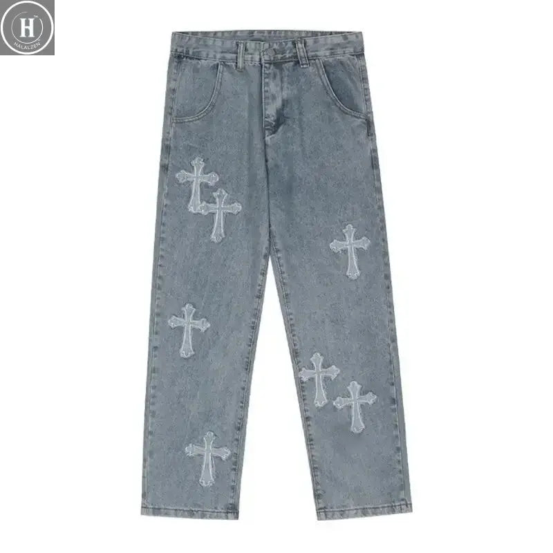 2025 new high street loose white cross jeans men's jeans Y2k loose pants loose cross design straight leg jeans men's Halalzen UK
