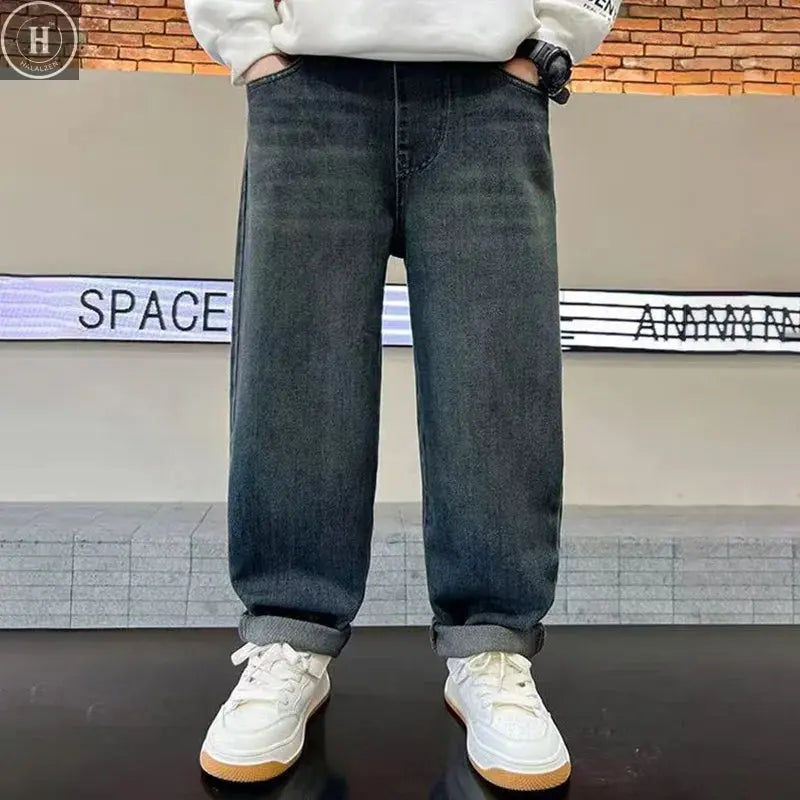 Boys Plush Warm Jeans Autumn Winter Kids Fashion Embroidered Letter Denim Pants Casual Loose Straight Trousers for 5-14 Years HALALZEN
