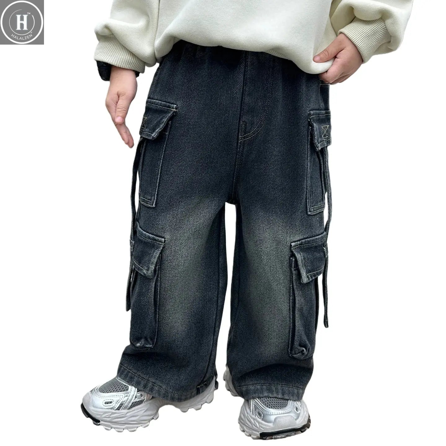 New Arrival Boys' Winter Fleece-Lined with Multi Pockets Washed Dark Denim Pants, Trendy Streetwear Workwear Trousers HALALZEN