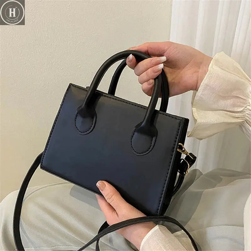 Elegant Black Handbag with Dual Handles, Chic Crossbody Bag, Retro Stylish Tote Small Bag for Women Girls Daily Use, Work, Party HALALZEN