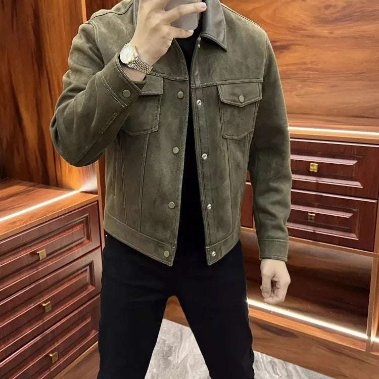 Business Men Slim Fit Autumn Faux Suede Leather Jacket Single Breasted Pu Leather Lapel Collar Coat Fashion Streetwear Outwear
