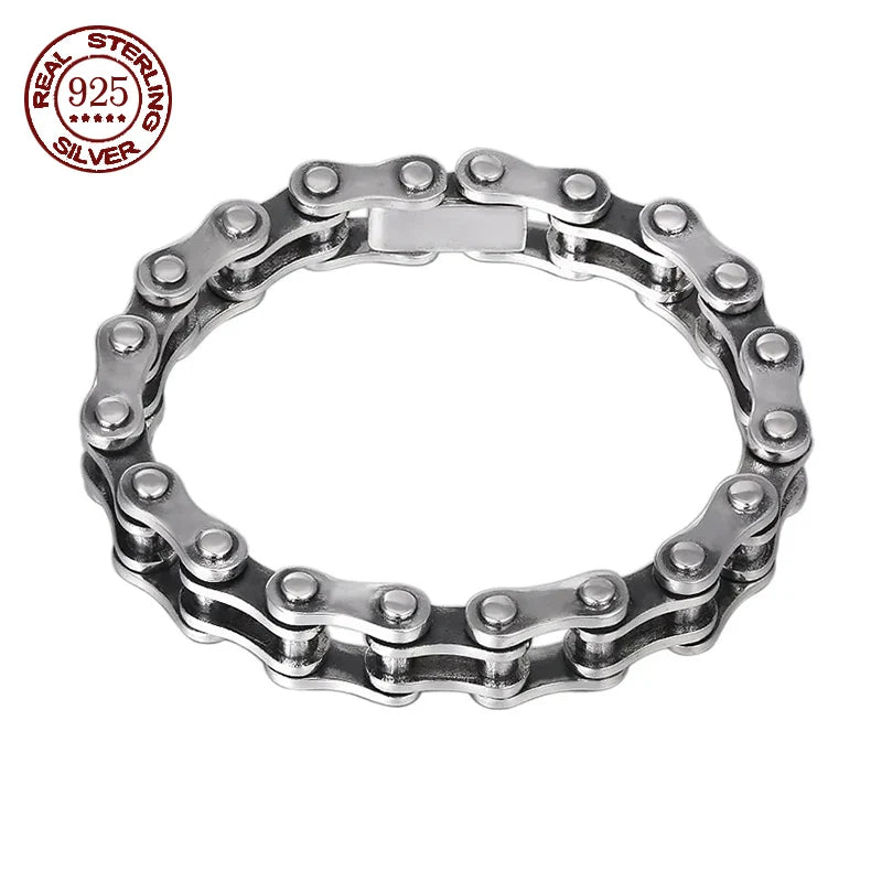 100% S925 Sterling Silver Punk Bicycle Chain Bracelet Punk S925 Silver Jewelry Certified Never Fade Men Jewelry Gifts