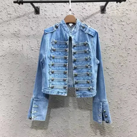 Streetwear Casual Loose Button Split Short Denim Jacket Women Fashion Spring Autumn 2025 Stand Collar Long Sleeve Jean Jacket
