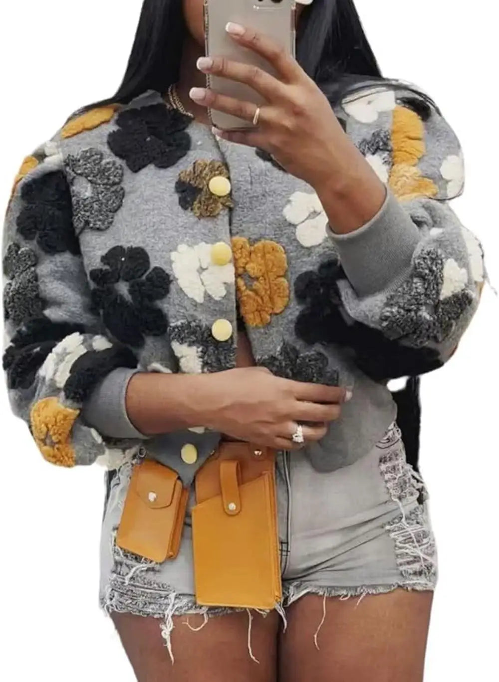 Wool Coats for Women Floral Puff Sleeve Embroidered Printing Short Fall Winter Jacket