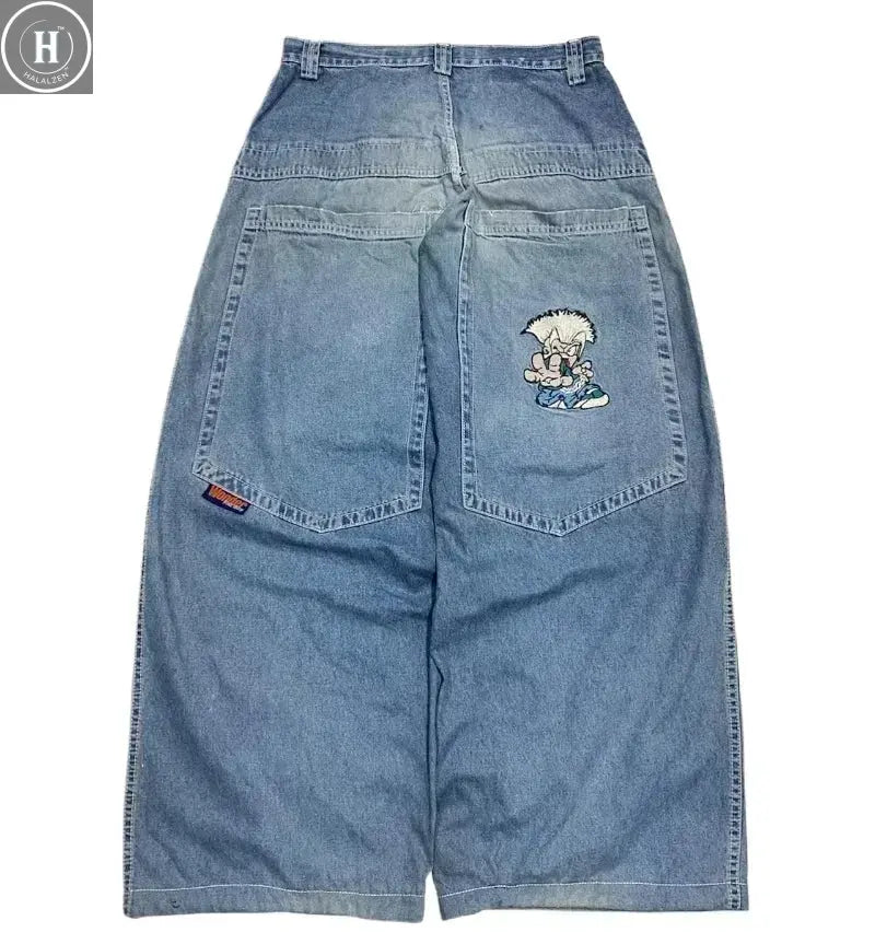 American Street Trend Letter Embroidered Loose Jeans Men Harajuku Y2K New Hip Hop Oversized Wide-leg Pants Unisex Mopping Jeans HALALZEN