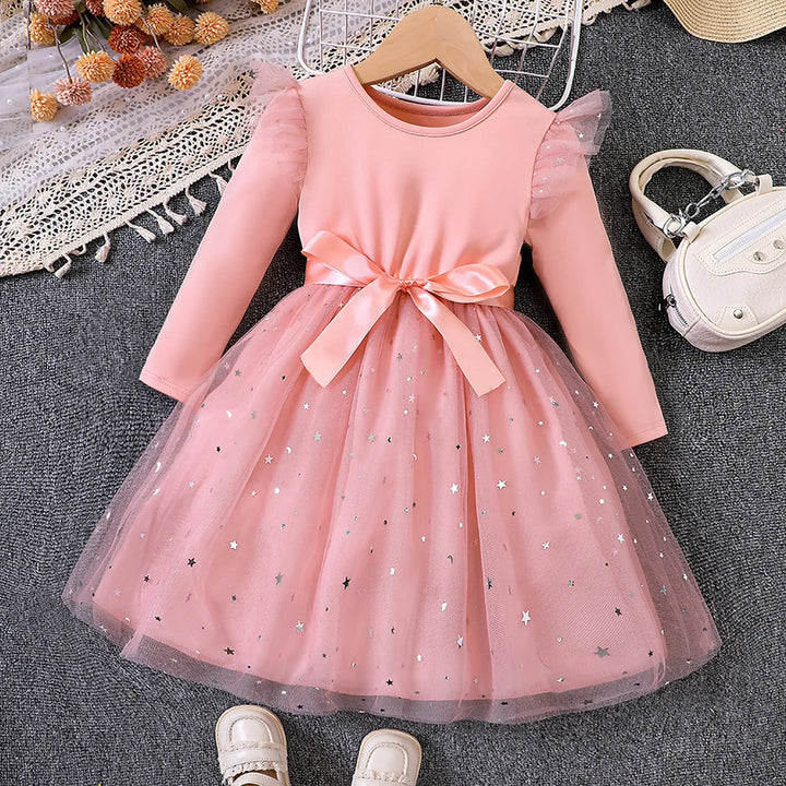 Girls Elegant Dresses Toddler Baby Girl Long Sleeve Sequin Design Tulle Bow Dress Christmas New Year Winter Party Girls Dresses