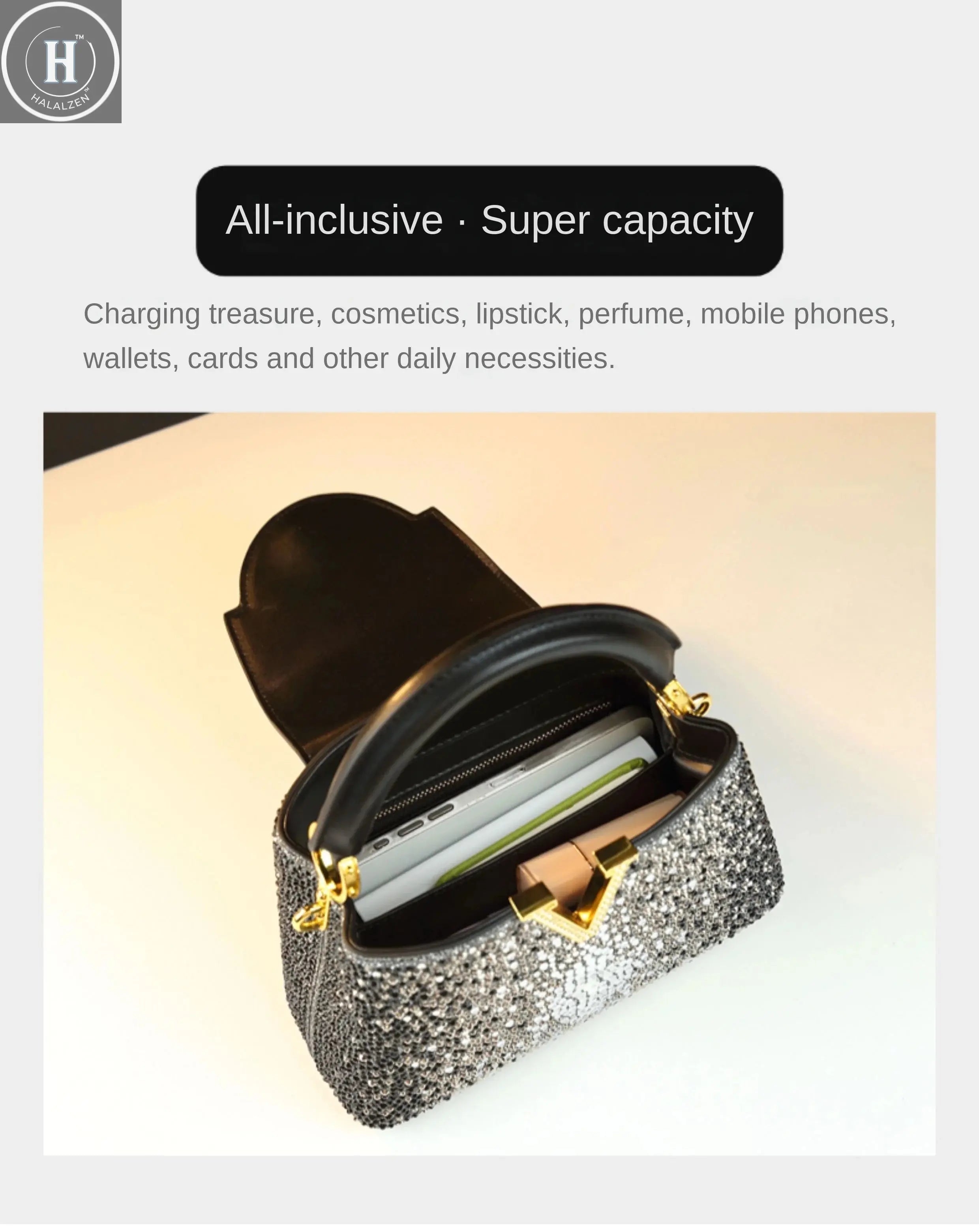 Luxury Fashion Diamonds Women's Handbags 2025 New V Letter Small Shoulder Crossbody Bag Genuine Leather Messenger Shell Bags HALALZEN