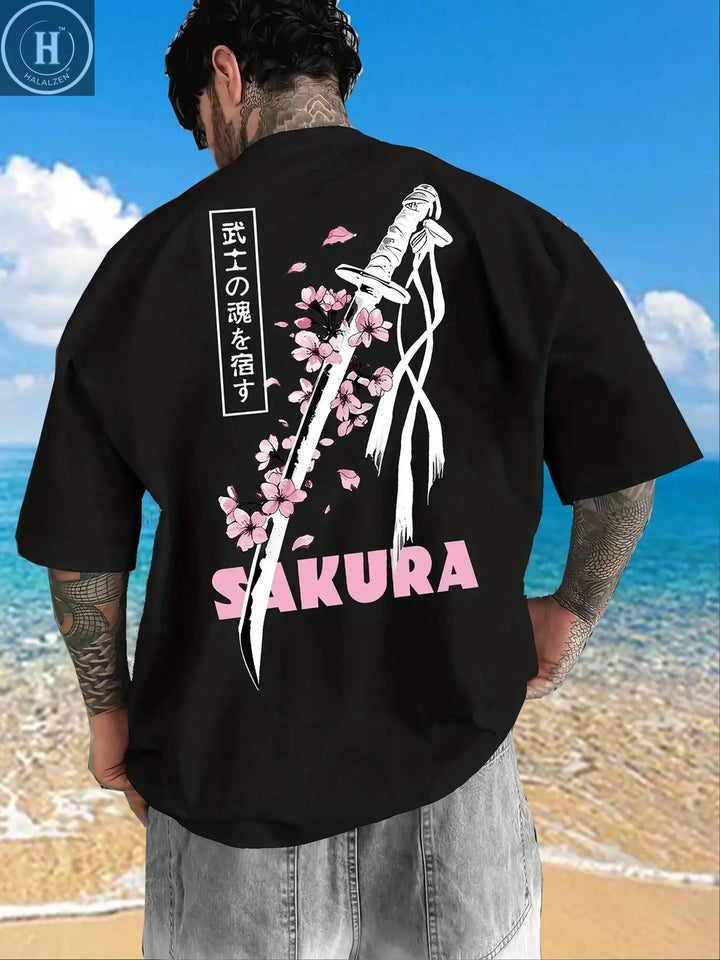 Japanese Samurai Sword Sakura Print 100% Cotton Men Women T-shirt Summer Autumn Daily Outdoor Sports Casual Street Short-sleeve HALALZEN