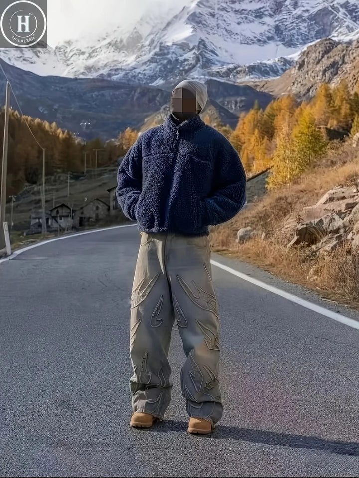 European and American Street Graffiti Wide-Leg Jeans for Men, Loose Oversize Vintage-Style Casual Trousers Halalzen UK