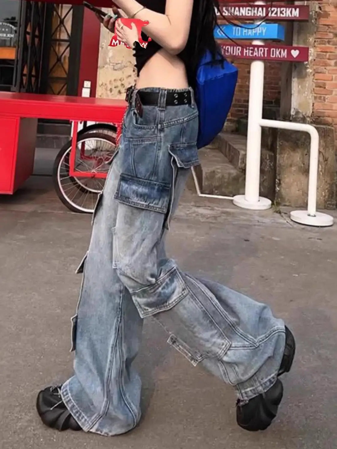 American High Street Multi Pocket Cargo Denim Pants Women 2025 Spring Autumn Loose Wide Leg Straight Washed Streetwear Jeans