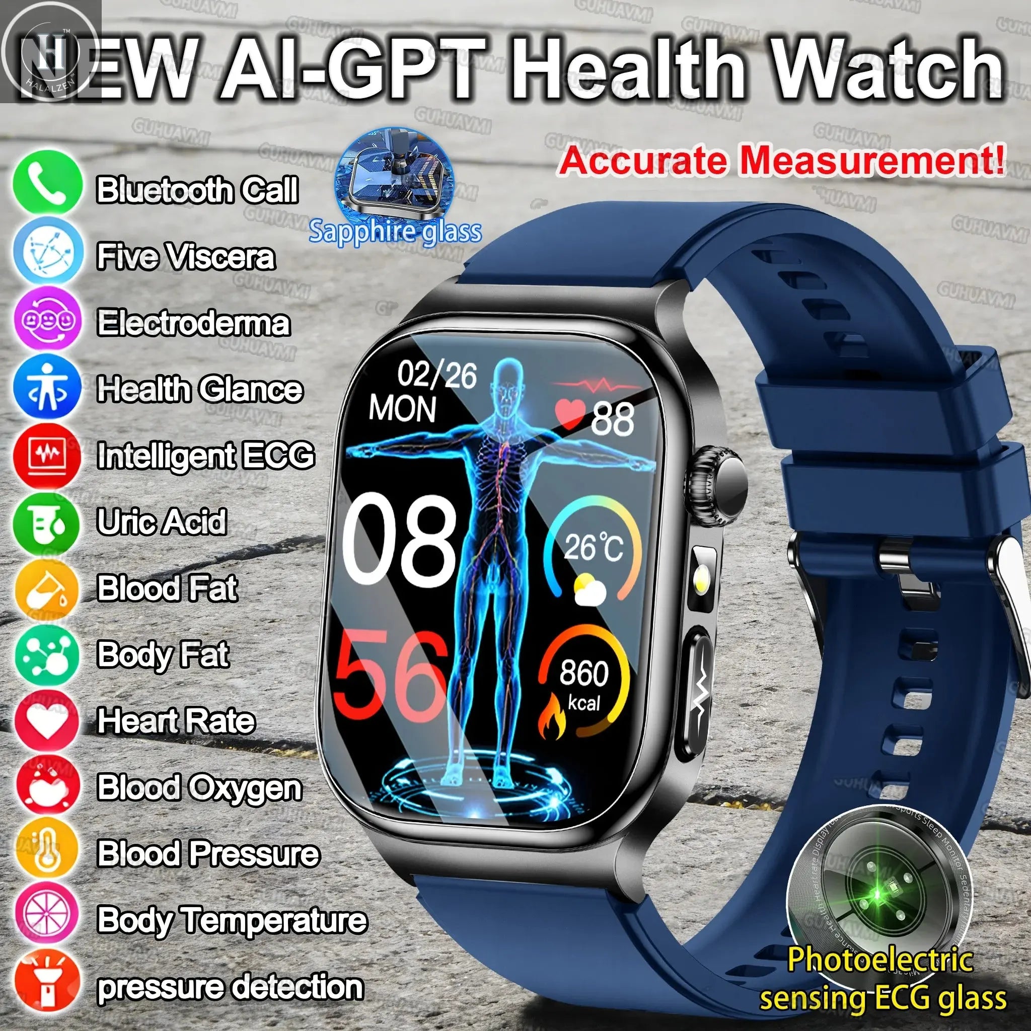 2026 New ECG+PPG Accurate Measurement Health Smart Watch Uric Acid BP Five Organ Blood Lipids HD Call Smart Watchs For Men Women HALALZEN