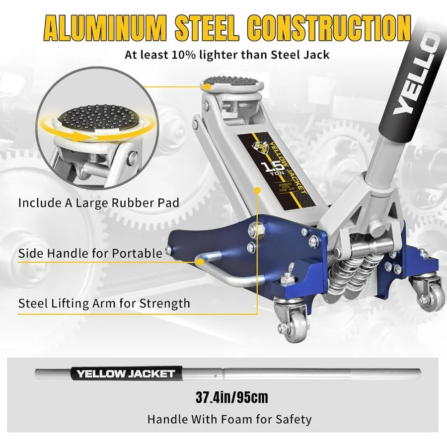 1.5 Ton Hydraulic Floor Jack with Low Profile Design for Automotive Repair and Maintenance Lightweight Aluminum and Steel Const