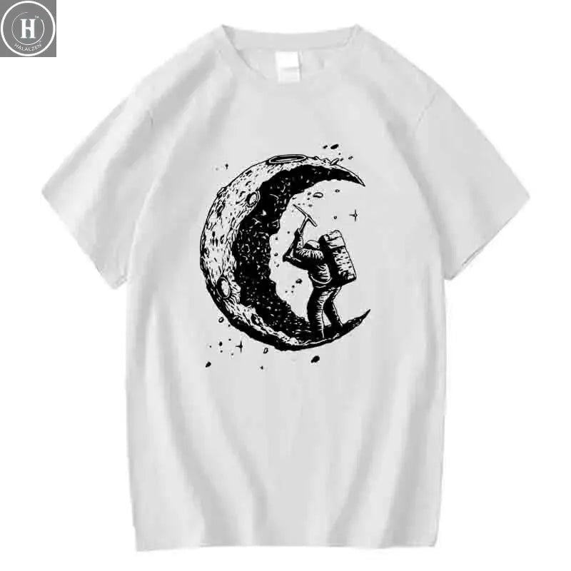 Men's High Quality 100% Cotton Moon Print Casual Summer Cool Short Sleeve Men Tshirt Loose t-shirt Male Tee Shirts Male Tee Tops HALALZEN