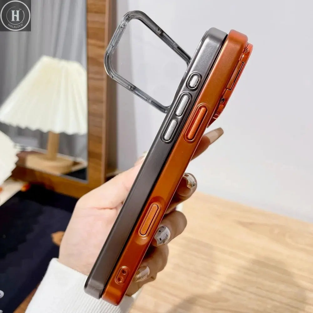 Plating Fold Glass Camera Stand Holder Phone Case For iPhone 17 17Pro 17Air 17 Pro Max Ultra Thin Transparent Shockproof Cover Halalzen UK