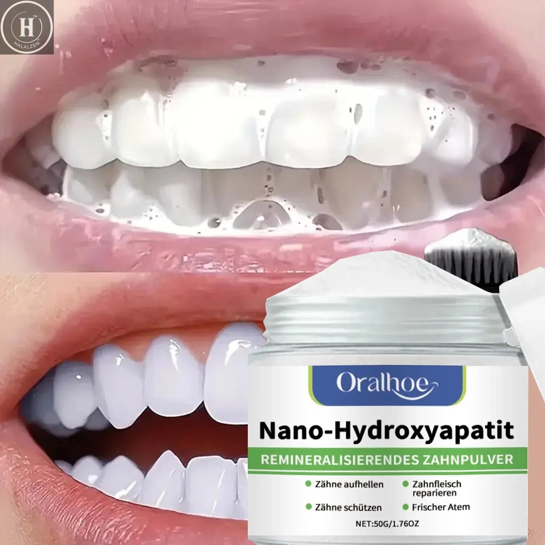 Winter Whitening Tooth Powder with 10% Hydroxyapatite - Remineralizing, Cool Mint, Enamel Repair & Fresh Breath HALALZEN