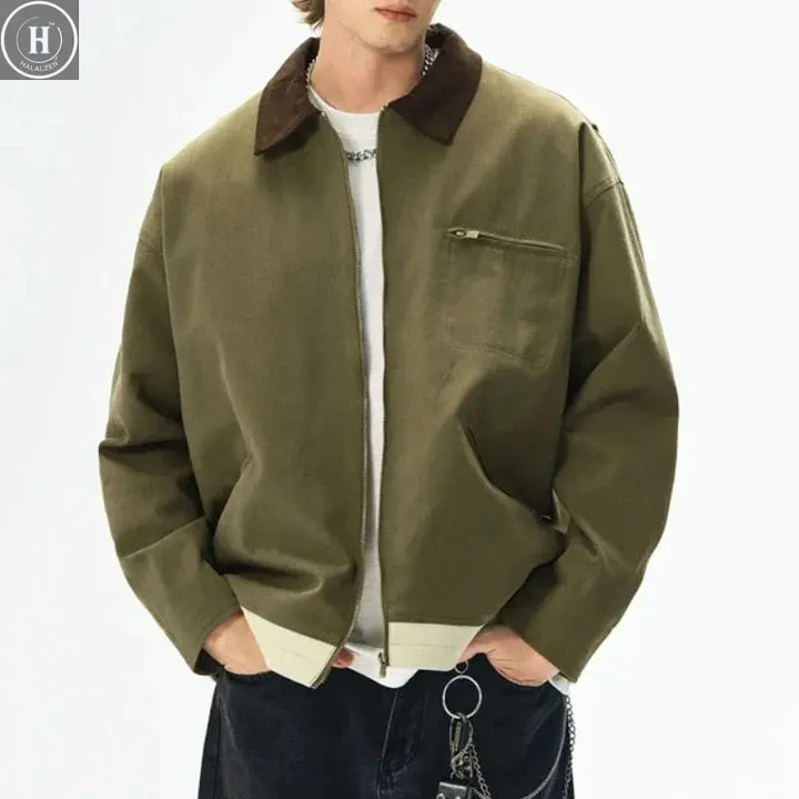 Men's Retro Canvas Detroit Hunting Jacket Heavyweight Pocket Cotton Work Jackets Lapel Collar Zipper Coats for Men Spring Fall Halalzen UK