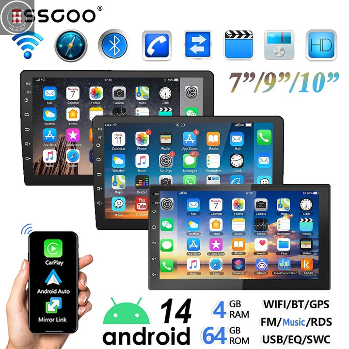 ESSGOO 7"/9"/10“ 2 DIN Android 14 4+64G Car Stereo Carplay Android Auto GPS Navi Bluetooth FM RDS Radio WIFI Touchscreen ChatGPT HALALZEN