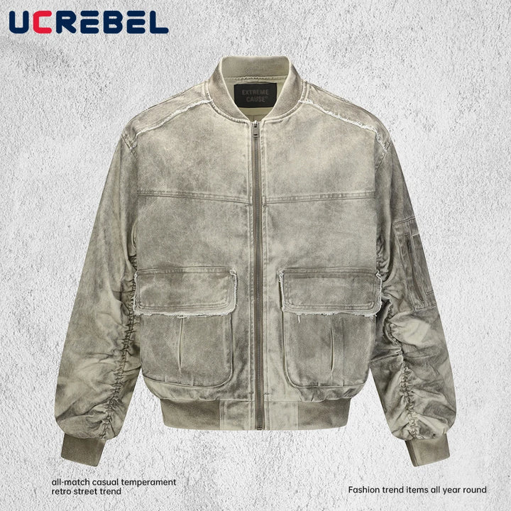 Retro Distressed Cargo Jacket Mens Pocket Autumn High Street Stand Collar Pleated sleeves Outerwear Man