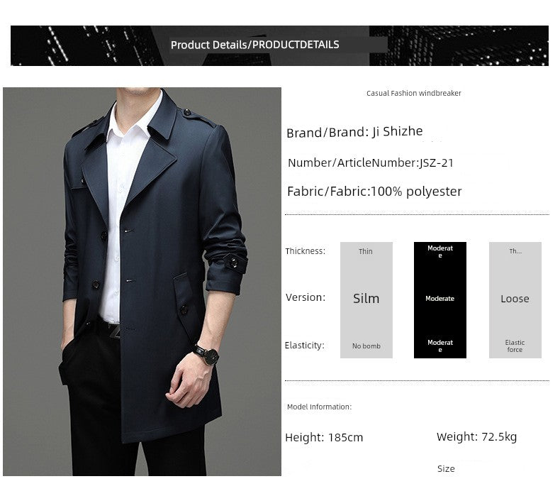 Ji Shizhe 2024 New Arrival Spring and Autumn Business Suit Collar Middle-Aged Men's Mid-Length Trench Coat Coat Men's Clothing Genuine Goods