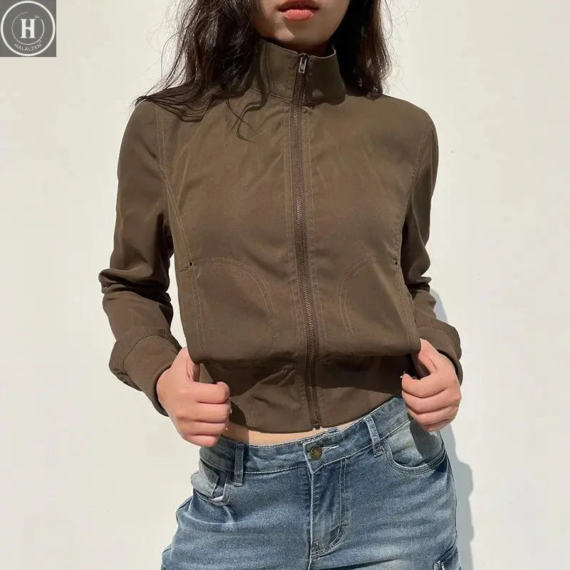 Vintage Cropped Jackets Women Stand Collar Solid Color Casual Coats Slim Pocket Zip Up Harajuku Safari Style Outwear Halalzen UK