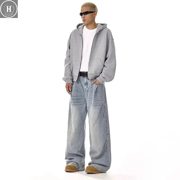 New Korean Retro Men'S Jeans High Street Straight Leg Pants Loose Casual Jeans Fashion Wide Leg Pants Halalzen UK