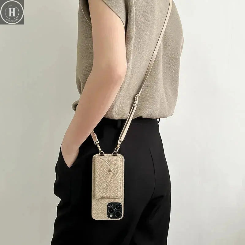 Crossbody Strap Lanyard Leather Phone Case for IPhone 12 Mini 16E 16 15 14 13 11 Pro Max XS 8 Plus Wallet with Card Holder Cover Halalzen UK