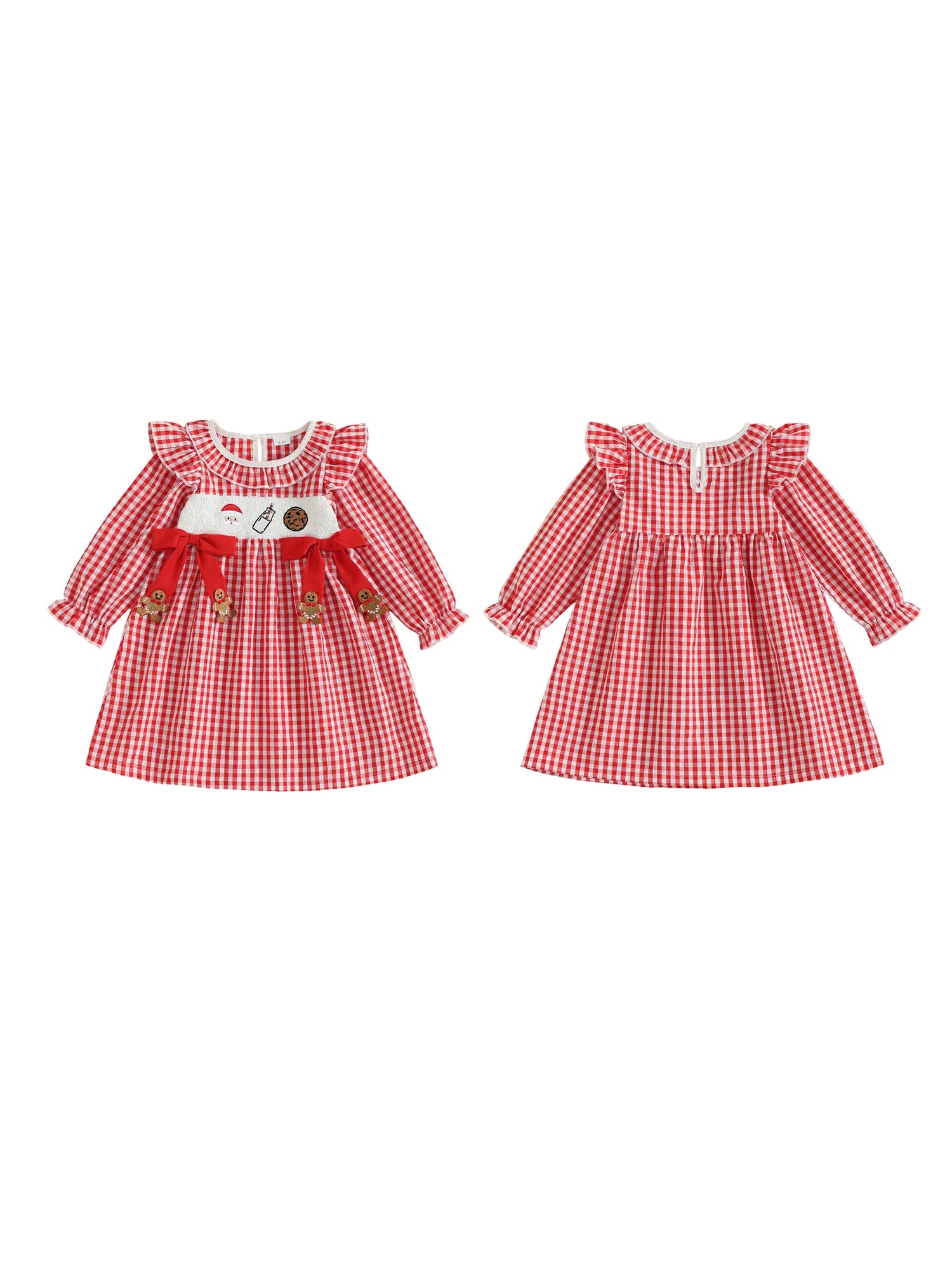 Girls Christmas Dress Long Sleeve Crew Neck Plaid Embroidery Santa Claus Winter Dress with Bow Detail