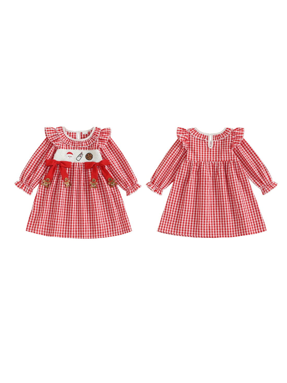 Girls Christmas Dress Long Sleeve Crew Neck Plaid Embroidery Santa Claus Winter Dress with Bow Detail