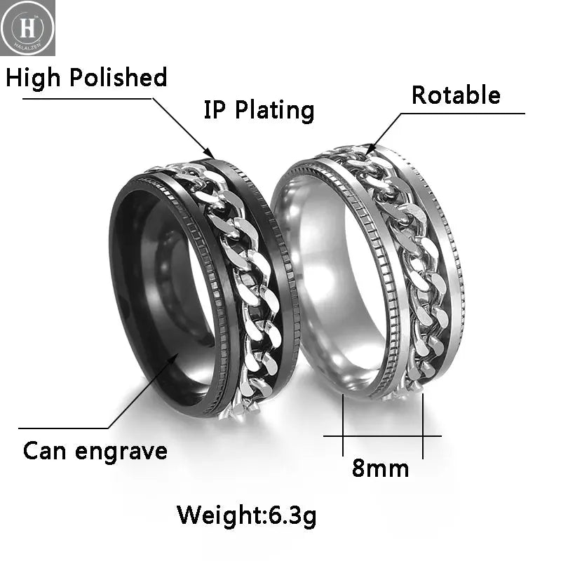 Cool Stainless Steel Rotatable Men Ring High Quality Spinner Chain Punk Women Jewelry for Party Gift HALALZEN