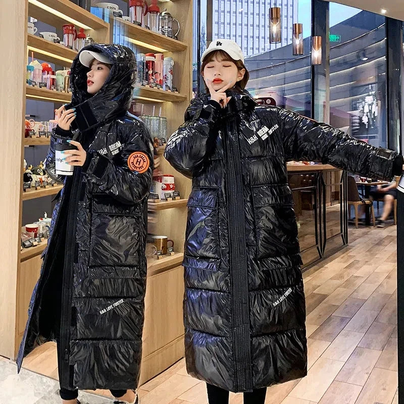 2024 New Waterproof Coats Fashion Winter Down Cotton Jacket Womens Glossy Colorful Femme Thick Warm Long Hooded Puffer Parkas