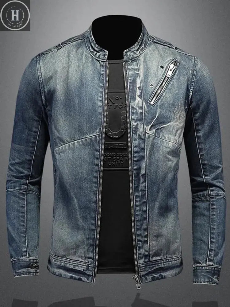Autumn and Spring Style Trendy American Vintage Straight Leg Motorcycle Denim Jacket Men's Loose Sports Plus Size High-End Outer HALALZEN