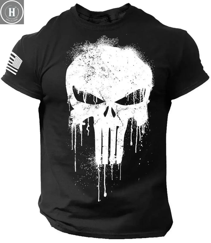 Summer Vintage Men's T Shirt Militar Skull Print Tees Casual Short Sleeve Pullover Oversized Man Clothing Outdoor O Neck T-Shirt HALALZEN