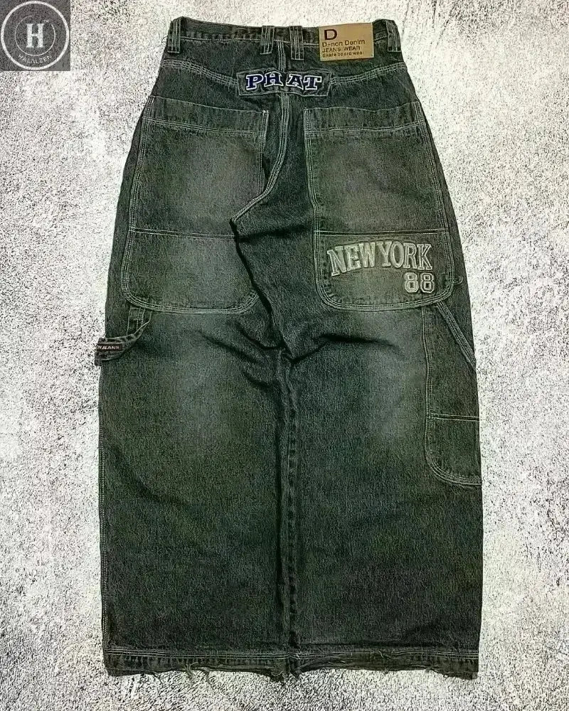 American Street Trend Letter Embroidered Loose Jeans Men Harajuku Y2K New Hip Hop Oversized Wide-leg Pants Unisex Mopping Jeans HALALZEN