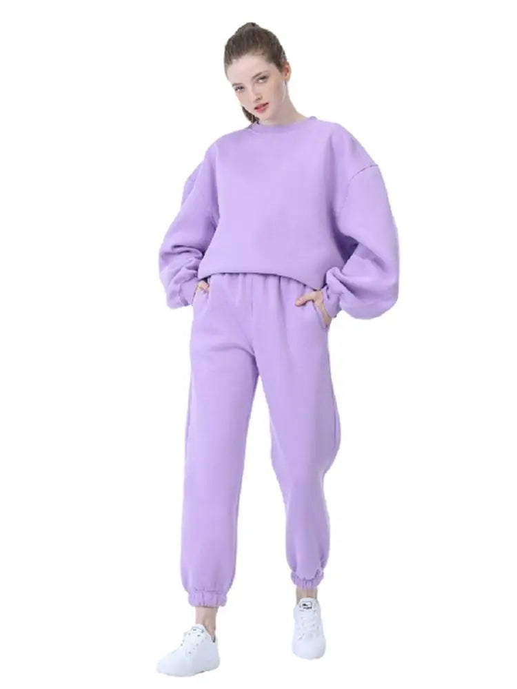 Women Winter Hoodie Sweatshirt Two Piece Sets  Fleece Tracksuit Oversized Pants Suit Autumn Female Casual Solid  Outfits